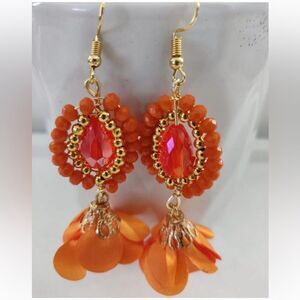 Gold plated Elegant light orange Gold Floral Beaded Artesanal Handmade Earrings